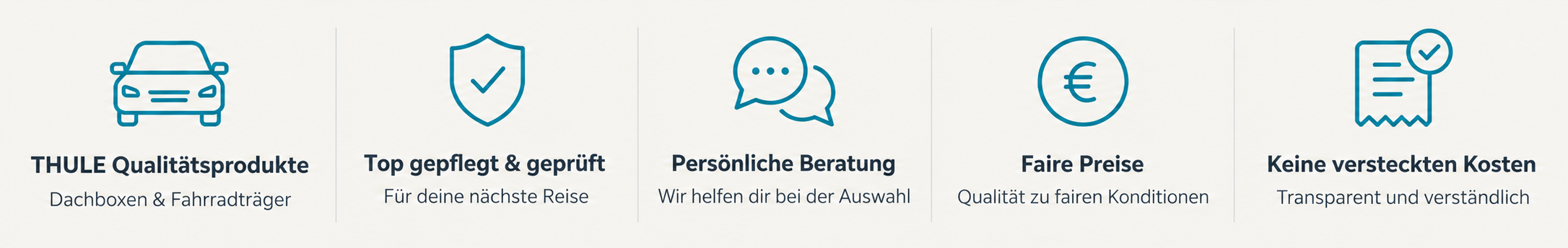 THULE Qualitätsprodukte: Dachboxen und Fahrradträger. Top gepflegt und geprüft für deine nächste Reise. Persönliche Beratung bei der Auswahl. Faire Preise – Qualität zu fairen Konditionen. Keine versteckten Kosten – transparent und verständlich.